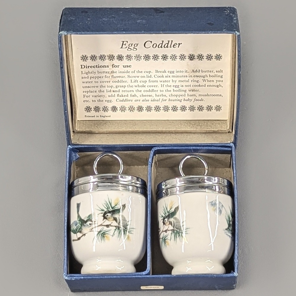 Royal Worcester Porcelain Egg Coddler Set of 2 Bird Motif Made in England Boxed